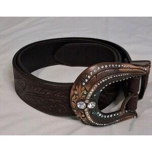 Justin Buckle Belt 34 Cowhide USA  Tooled Leather Brown Western Cowboy Vintage